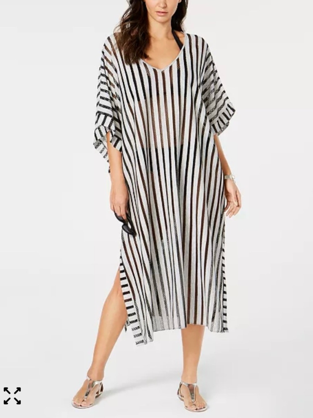 Calvin Klein Black and White Striped Mesh Kaftan Cover-Up